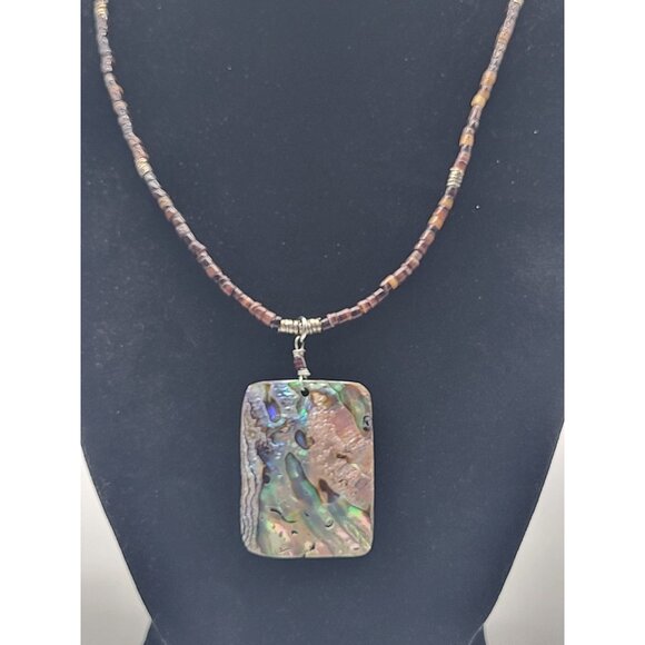 Shell Heishi Beaded Necklace with Rectangle Abalone Pendant 925 Clasp Beachy - Picture 2 of 10